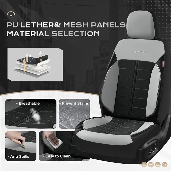 Coverado Leather Seat Covers Car Seat Cover Full Set Automotive 5 Seats Waterproof Car Seat Protectors Universal Fit for Most Cars SUV Trucks, Gray&Black