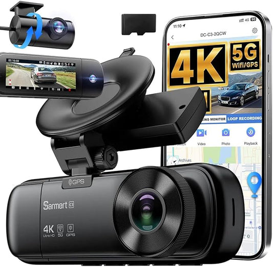 SARMERT 4K 3 Channel Dash Cam, Dash Cam Front and Rear C3, Free 64GB Card, 4K+1080P+1080P Dashcam, G-Sensor, WDR, APP, 5G WiFi, Night Vision, 24H Parking Monitor