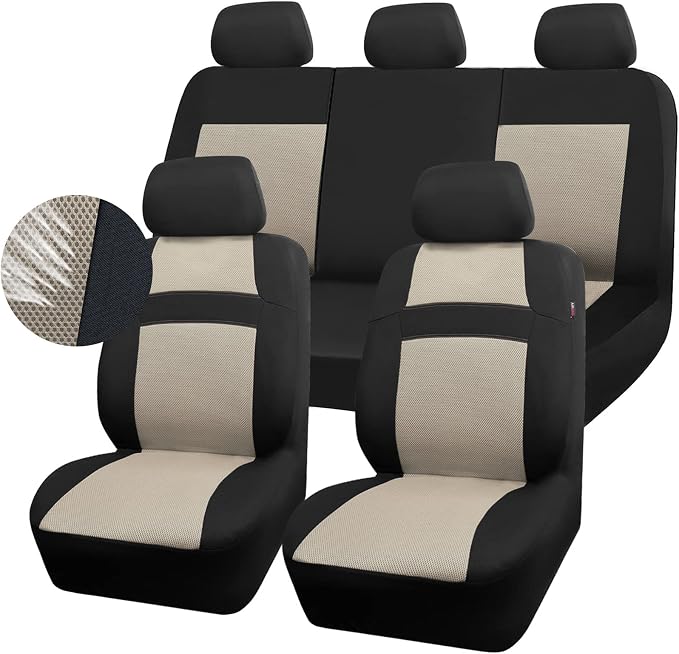 CAR PASS Seat Cover Full Sets, 3D Air Mesh Car Seat Cover with 5mm Composite Sponge Inside,Airbag Compatible Universal Fit for SUV,Vans,sedans, Trucks, Automotive Interior Covers (Black Beige)