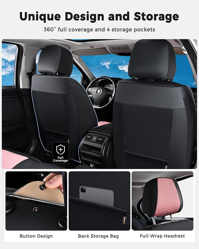 Huidasource Seat Covers Full Set, Luxury Faux Leather Seat Covers, Velcro Adjustable, with Airbags, Thinning Design Perforation Cooling＆Heating Universal Fit for Most Cars Vans Trucks SUVs, Black&Pink
