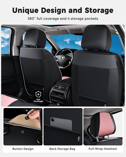 Huidasource Seat Covers Full Set, Luxury Faux Leather Seat Covers, Velcro Adjustable, with Airbags, Thinning Design Perforation Cooling＆Heating Universal Fit for Most Cars Vans Trucks SUVs, Black&Pink