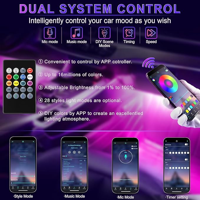 LivTee Smart Car Interior Lights, RGB LED Accent Lights with App Control, DIY & Music Mode, 2 Lines Design LED Lights for Cars, 12V Cigarette Lighter Power, Car Accessories for Women
