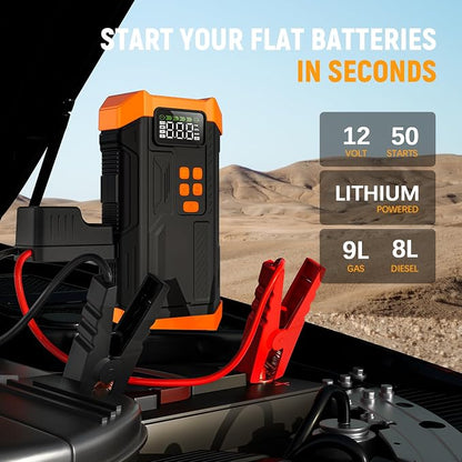 5000A Jump Starter with Air Compressor,Car Jumper Starter Portable with 150PSI Tire Inflator 12V Jump Box with LCD Display,Flashlight,Storage Case (Up 9L Gas/8L Diesel Engine（Orange