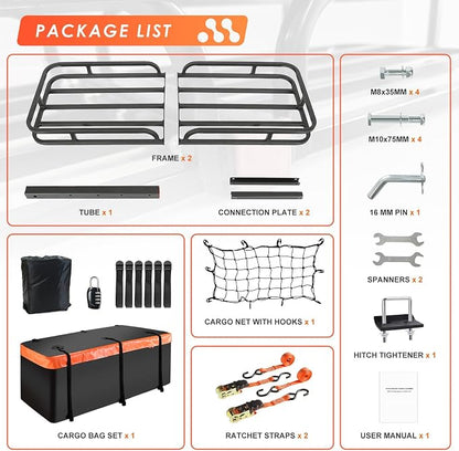 Hitch Mount Cargo Carrier Basket 53"*19"*5"+Waterproof Bag 9 Cubic Feet(51"*17"*18"),and Cargo Net with Attachment Hooks,Ratchet Straps,Hitch Stabilizer.500 Lbs Capacity,fit 2" Receiver