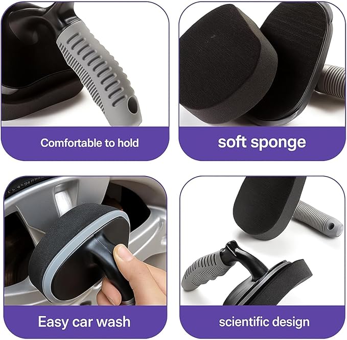 Car Tire Shine Applicator, Reusable Vehicle Wheel Dressing Applicator Brush with Curved Handle, Automotive Tire Polishing Cleaning Foam Pad, Universal for SUV Automobile Truck