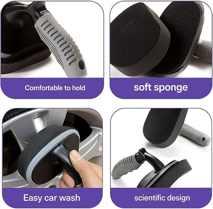 Car Tire Shine Applicator, Reusable Vehicle Wheel Dressing Applicator Brush with Curved Handle, Automotive Tire Polishing Cleaning Foam Pad, Universal for SUV Automobile Truck