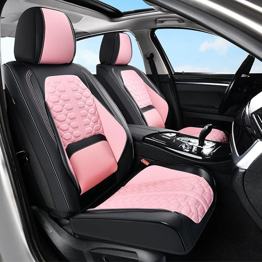 Huidasource Front Seat Covers Universal Fit for Most Cars SUV Trucks, Automotive Leather Seat Cushion Covers Protector with Lumbar Support, Waterproof Seat Cover Front Seat, Black & Pink