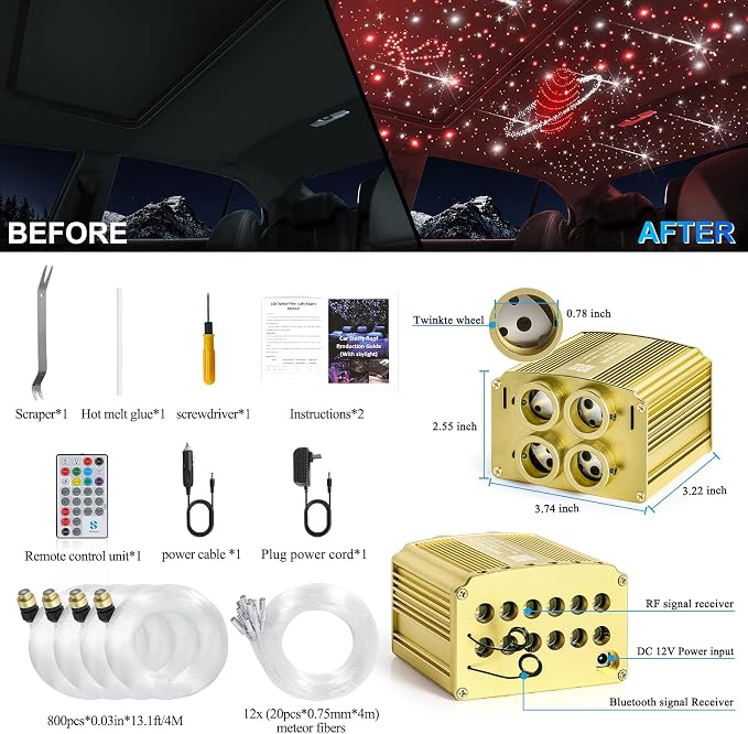 Car Starlight Headliner Kit, 4 Colors 32W Twinkle & Meteor Fiber Optic Shooting Stars Lights, 2 in 1 Light Engine 800pcs*0.03in*13.1ft+240 RGBW 4 Port Ceiling Starlights for Car Home Roof Décor