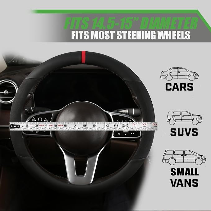 Suede Steering Wheel Cover with Upgraded Silicone Inner Ring, Anti Heat, Breathable, Anti-Slip, Leather Universal 14.5 to 15 inch Steering Wheel Cover (Partial Genuine Leather)
