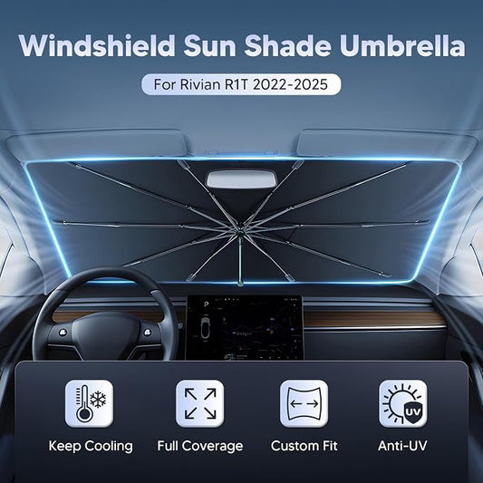 Autorder Windshield Sun Shade Umbrella for 2022-2025 Rivian R1T Accessories,Upgraded Ice Crystal Material,Easy Setup Umbrella Sunshade for Car Windshield,100% Sun Blocking