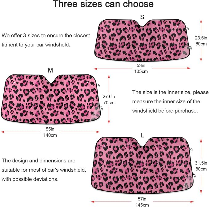 Hot Pink Black Leopard Print Windshield Sun Shade for Car Auto SUV Truck Foldable Front Window Sunshade Sun Visor Protector Block UV Rays Reflect Heat, 55" x 28"