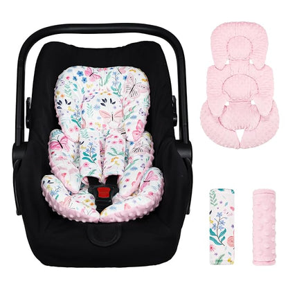 Infant Car Seat Insert Girls, Soft Car Seat Head Support Baby & 2 Strap Pads, Preemie Newborn Carseat Insert Reversible Fits for Stroller, Baby Swing, Rocker, Bassinets, Bouncer, Butterfly