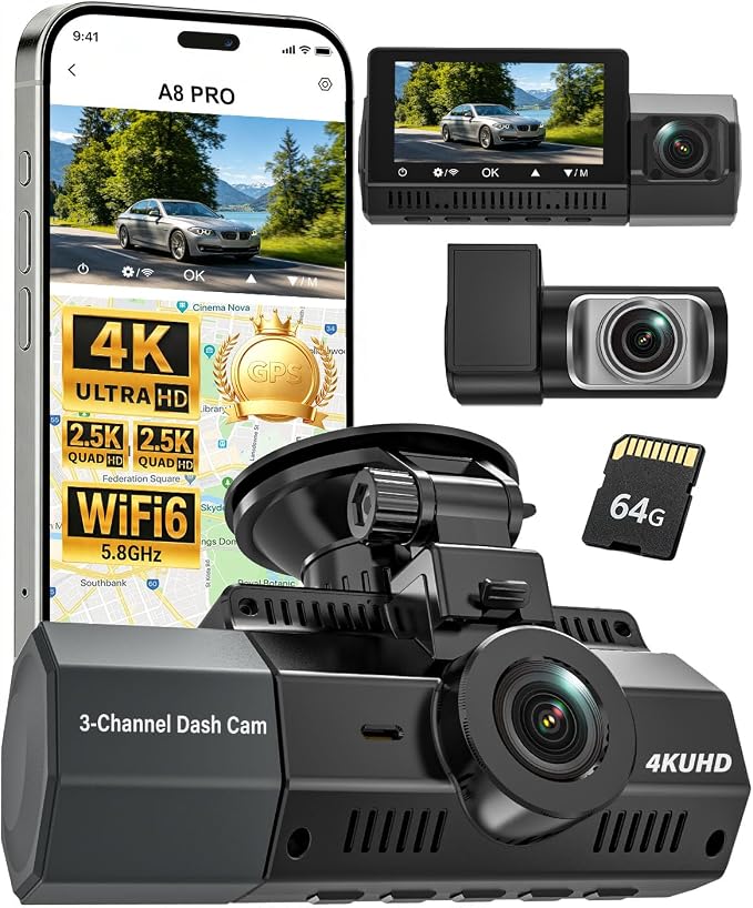 4K+2.5K+2.5K Dash Cam, STARVIS 2 Dash Camera 3-Channel, Free 64GB Card, Dashcam with 5G WiFi GPS, G-Sensor,Loop Recording, HDR, 24H Parking Monitor, Car Dash Cam for Rideshare & Taxi