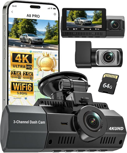 4K+2.5K+2.5K Dash Cam, STARVIS 2 Dash Camera 3-Channel, Free 64GB Card, Dashcam with 5G WiFi GPS, G-Sensor,Loop Recording, HDR, 24H Parking Monitor, Car Dash Cam for Rideshare & Taxi
