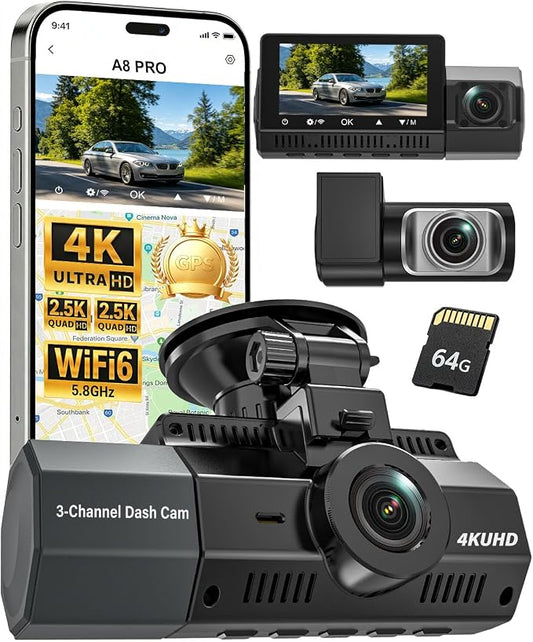 4K+2.5K+2.5K Dash Cam, STARVIS 2 Dash Camera 3-Channel, Free 64GB Card, Dashcam with 5G WiFi GPS, G-Sensor,Loop Recording, HDR, 24H Parking Monitor, Car Dash Cam for Rideshare & Taxi