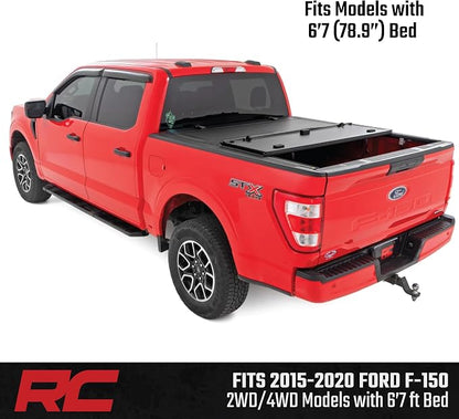 Rough Country Hard Flip-Up Truck Bed Tonneau Cover for Ford F-150 (2015-2020) - Flush Folding Aluminum Bed Cover