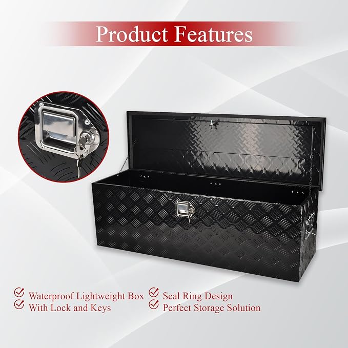 48''Inch Aluminum Truck Tool Box Truck Bed Toolbox Truck Trailer Chest Box Trailer Underbody Storage Organizer Waterproof Square Storage Organizer w/Lock & Keys Black(‎48" Lx15 Wx15 H)