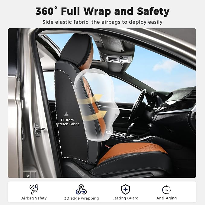 Huidasource Front Car Seat Covers, Full Coverage Luxury Nappa Leather Automotive Seat Covers Front Seat with Lumbar Support Fit for Most Cars SUV Trucks, Black & Brown