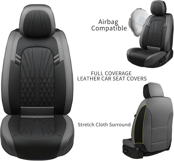 MINGBRON Leather Car Seat Covers,Car Seat Protector Waterproof,Seat Covers Full Set, Car Seat Protectors 5 Seats,Automotive Seat Covers Fit Most Cars Grey&Black