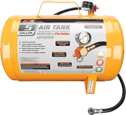 Performance Tool W10005 Hi-viz 5-Gallon Horizontal Portable Air Tank With Tire Air Chuck , Yellow