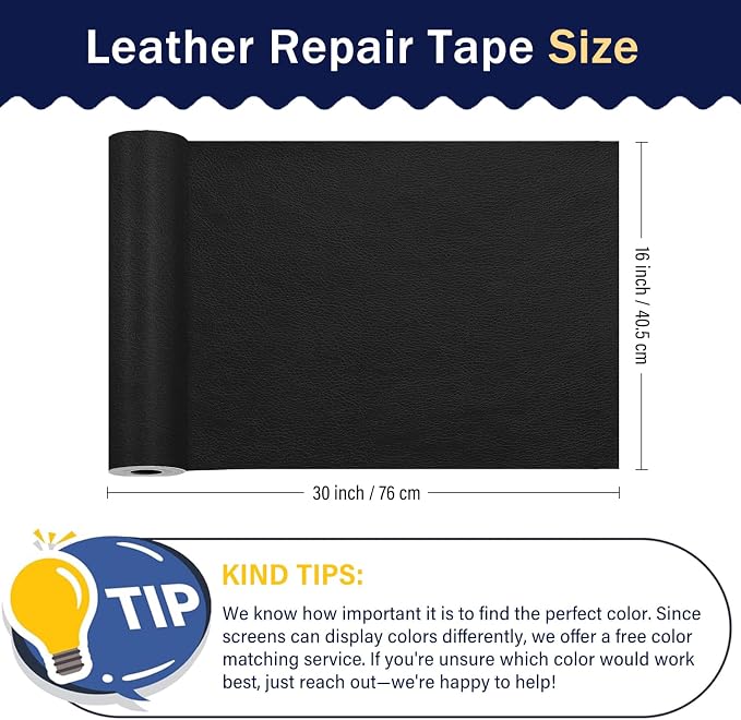 Zenyao Leather Repair Patch Tape - Self Adhesive Leather Repair Kit for Car Seat Furniture, Heavy Duty Vinyl Repair Patch for Couch Sofa, Waterproof for Rips Scratches Tears, 16x30 Inch Roll, Black
