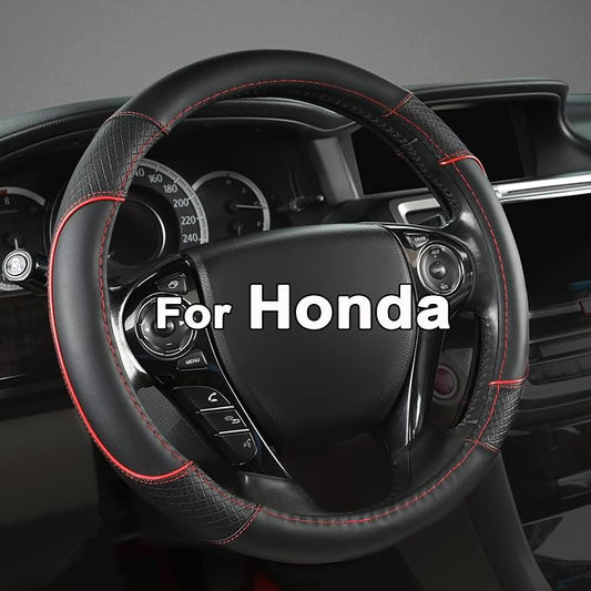 GIANT PANDA Steering Wheel Cover for Honda Civic(2006-2015),CR-Z, Insight, S2000 (Black+Red Line-Small Size)