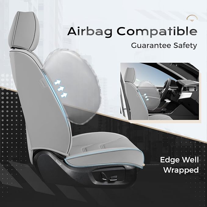 Coverado Car Seat Covers Full Sets, 5 Piece Car Seat Protector Waterproof Leather Seat Cushion Universal Fit for Truck Automotive Vehicles Gray