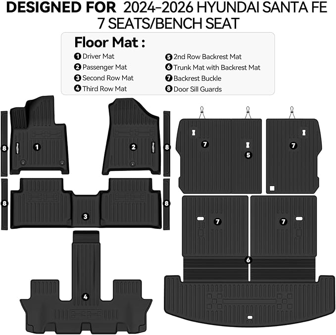 Floor Mats for 2024 2025 2026 Hyundai Santa Fe 7 Seats 2nd Row Bench Seats, Trunk Mat with Backrest Mat & Door Sill Guard All Weather TPE Protector for Hyundai Santa Fe Accessories
