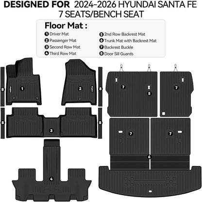 Floor Mats for 2024 2025 2026 Hyundai Santa Fe 7 Seats 2nd Row Bench Seats, Trunk Mat with Backrest Mat & Door Sill Guard All Weather TPE Protector for Hyundai Santa Fe Accessories