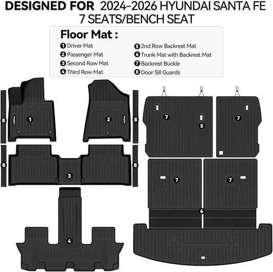 Floor Mats for 2024 2025 2026 Hyundai Santa Fe 7 Seats 2nd Row Bench Seats, Trunk Mat with Backrest Mat & Door Sill Guard All Weather TPE Protector for Hyundai Santa Fe Accessories