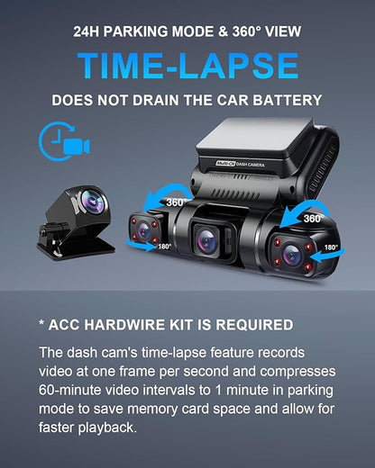 PRUVEEO 360° 4 Channel Dash Cam Front and Rear Inside Left Right, Dash Camera for Cars, Built-in GPS WiFi Night Vision, 24/7 Recording Parking Mode Monitor, 128G Card Included