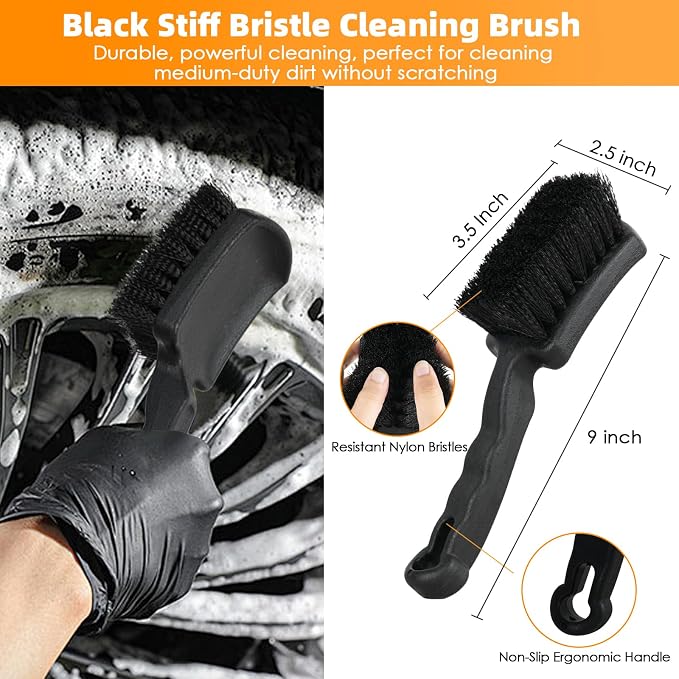 6PCS Car Rim Brushes for Cleaning Wheels, Car Detailing Cleaning Wash Brush Set, Stiff-Bristle Rim Brush with Tire Shine Applicator Pad for Cars SUV Tire RVs Trucks Wheel