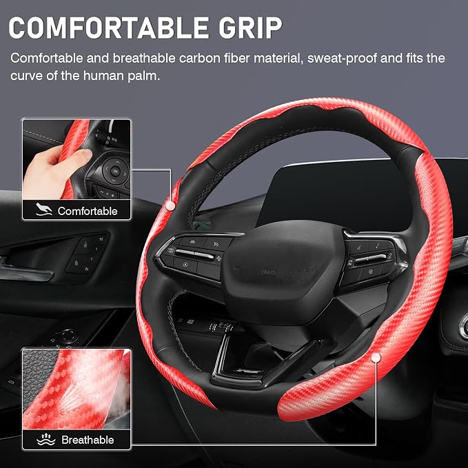 3 Piece Carbon Fiber Steering Wheel Cover, Car Steering Wheel Cover for Men/Women, Anti-Slip, Comfortable Grip, Durable, Universal for 99% Car Interior Accessories (Red)