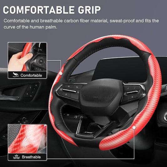 3 Piece Carbon Fiber Steering Wheel Cover, Car Steering Wheel Cover for Men/Women, Anti-Slip, Comfortable Grip, Durable, Universal for 99% Car Interior Accessories (Red)