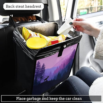Car Trash Can Organizer Bin with Adjustable Strap for Back Front Seat Console Waterproof Leakproof Collapsible Portable 8.66 Inch Purple Stag Mountains and Forest