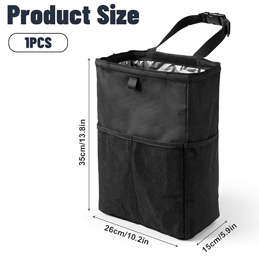 3.5 Gallon Leak-Proof Car Trash Can with Hook and Loop Lid and Handle, Waterproof Portable Hanging Auto Garbage Bag, Large Capacity Waste Bin for SUV, Truck, RV, Camping & Office (Black)