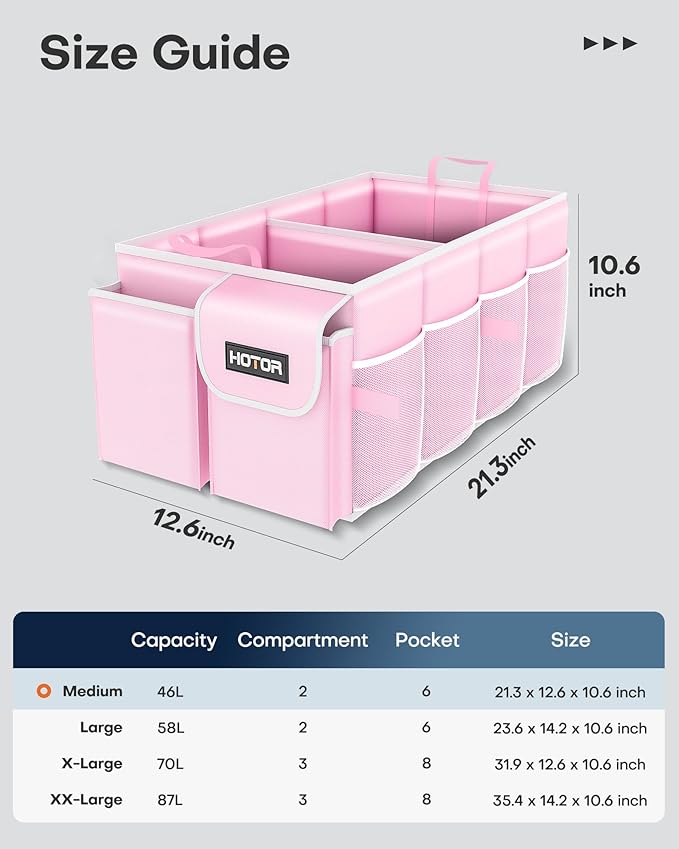 HOTOR Trunk Organizer for Car - Car Organizer, Foldable Trunk organizer for SUVs & Sedans, Sturdy Organization for Car Accessories, Tools, Sundries, Pink, 2 Compartments, 21.3"×12.6"×10.6"