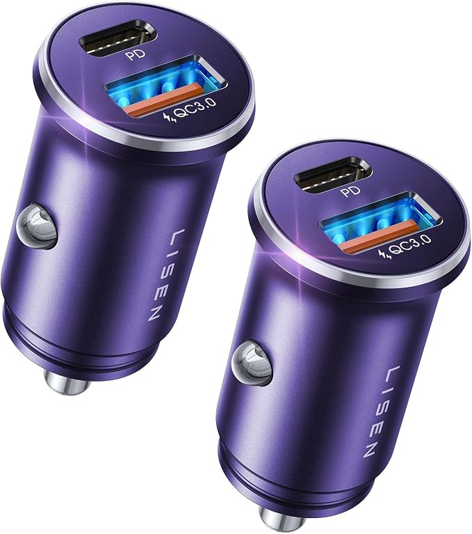 LISEN USB C Car Charger Adapter [2 Pack] [Mini & Metal] Cigarette Lighter USB Charger Fast Charging [PD QC 3.0] USBC Car Phone Charger for iPhone 15 Pro Max Plus 14 Samsung Galaxy S23 iPad Pro, Purple | Cigarette Lighter Charger, USB C Car Charger Fast...