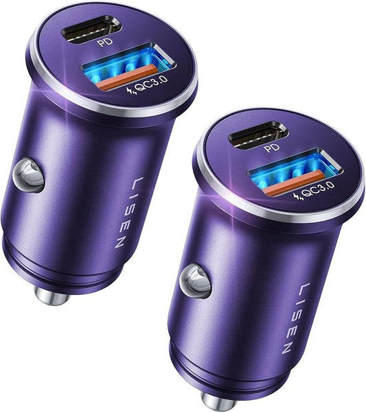 LISEN USB C Car Charger Adapter [2 Pack] [Mini & Metal] Cigarette Lighter USB Charger Fast Charging [PD QC 3.0] USBC Car Phone Charger for iPhone 15 Pro Max Plus 14 Samsung Galaxy S23 iPad Pro, Purple | Cigarette Lighter Charger, USB C Car Charger Fast...