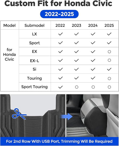 Custom Fit 3 Pcs Floor Mats for Honda Civic 2022-2025 - All-Weather Rubber Mats & Liners, Heavy Duty Car Interior Protection for Civic, Weather-Resistant & Easy to Clean