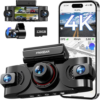 4K 360° Dash Cam, 4 Channel Dashcam Front and Rear Inside & Outside with WiFi, GPS, Parking Mode, Voice Control, Car Protection for Safer Driving, Teens, Road Trip, Travel, Family & Vanlife