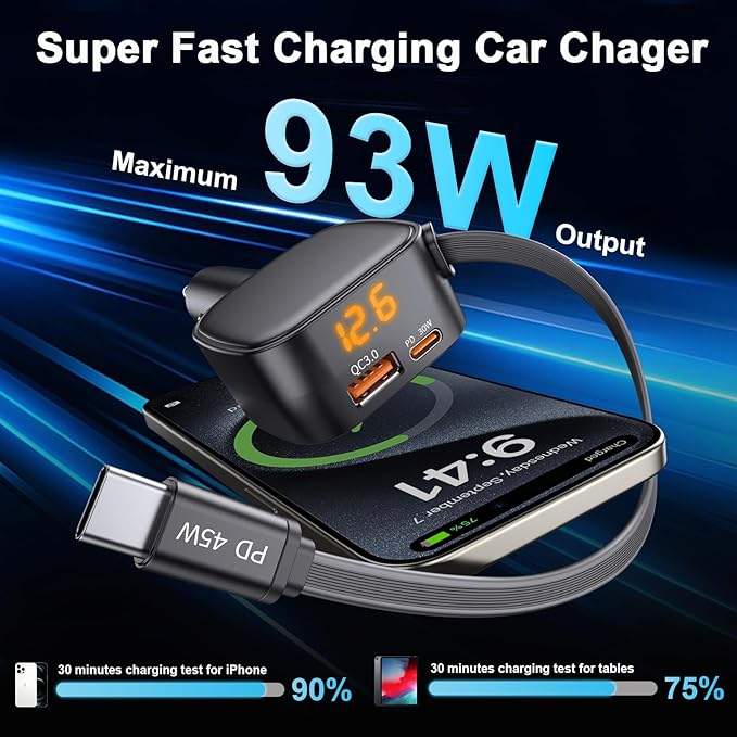93W Retractable Car Charger, USB C Car Charger Fast Charging with PD PPS & QC 3.0, Multi Port Cigarette Lighter Adapter with Voltmeter for iPhone 17 16 15 Pro Max, Samsung S26/S25 iPad Pixel