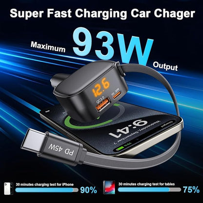 93W Retractable Car Charger, USB C Car Charger Fast Charging with PD PPS & QC 3.0, Multi Port Cigarette Lighter Adapter with Voltmeter for iPhone 17 16 15 Pro Max, Samsung S26/S25 iPad Pixel