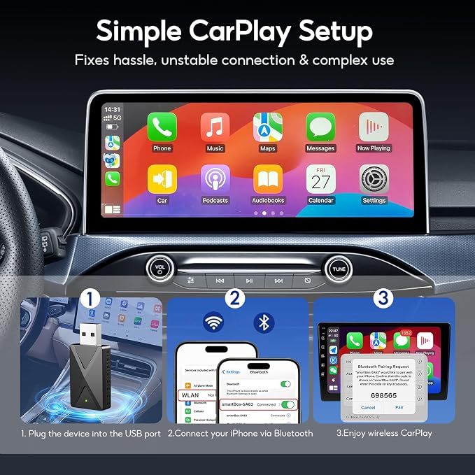 Wireless CarPlay Adapter Convert Factory Wired CarPlay to Wireless, Zero Latency, Mini Plug & Play Design with Stable Connection USB-A/Type-C for iOS 10+ & 2016+ Cars, Black