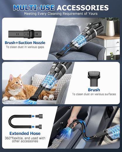 AHNR Handheld Vacuum Cordless, 16000PA Powerful Suction Hand Held Vacuum Cordless Rechargeable with LED Light & 2 HEPA Filters, Portable Car Vacuum Cleaner High Power for Car Home Office