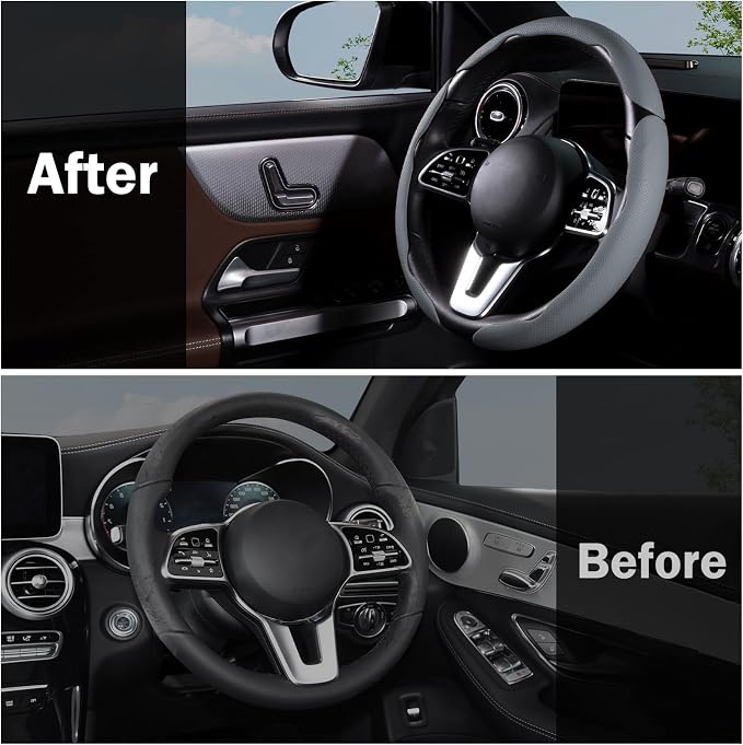 Car Steering Wheel Cover Leather Snap On 3Pcs Set Non-Slip Protector Wrap Steering Wheel Accessories 14.5-15 inch Universal Gray