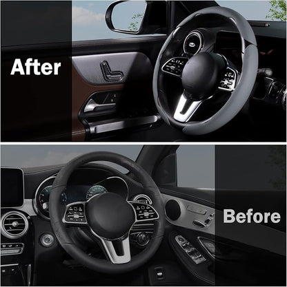 Car Steering Wheel Cover Leather Snap On 3Pcs Set Non-Slip Protector Wrap Steering Wheel Accessories 14.5-15 inch Universal Gray