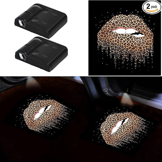 Women Cool Lips Bite Kiss Me Leopard Print Lips Car Door Projector Lights Leopard Cheetah Car Accessories Decor Gifts LED Car Door Shadow Ghost Welcome Lights by FLYEEGO