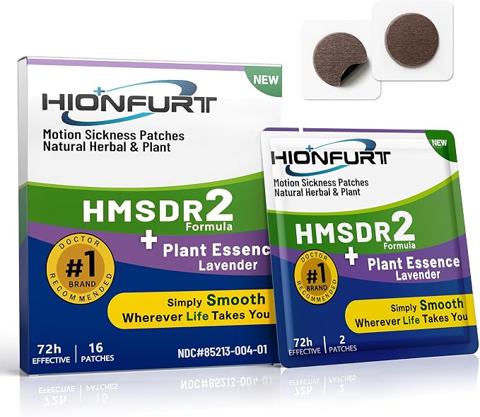 Hionfurt HMSDR2 16ct Motion Sickness Patches with Plant Essence – Lavender – Sea Sickness Patches for Cruise, Car, Airplane – Non-Drowsy, 72H Lasting