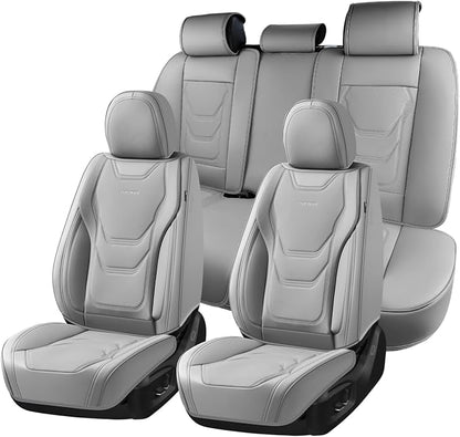 Coverado Car Seat Covers Full Sets, 5 Piece Car Seat Protector Waterproof Leather Seat Cushion Universal Fit for Truck Automotive Vehicles Gray